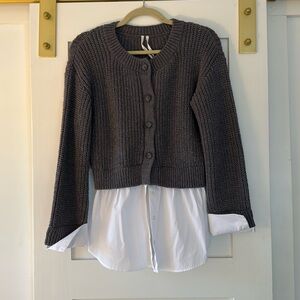 Anthropologie Dark Gray Knit Cardigan with White Blouse Detail